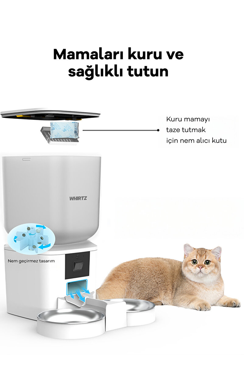 Whirtz WR-PT-1001 Kameralı & Ses Kontrollü 7 Litre Akıllı Mama Kabı – Otomatik Besleme Çözümü