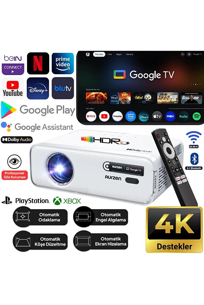 Vankyo Aurzen D1G Android Google TV 4K Destekli Projeksiyon Cihazı +HDR10+Auto Focus+Auto Keystone+6