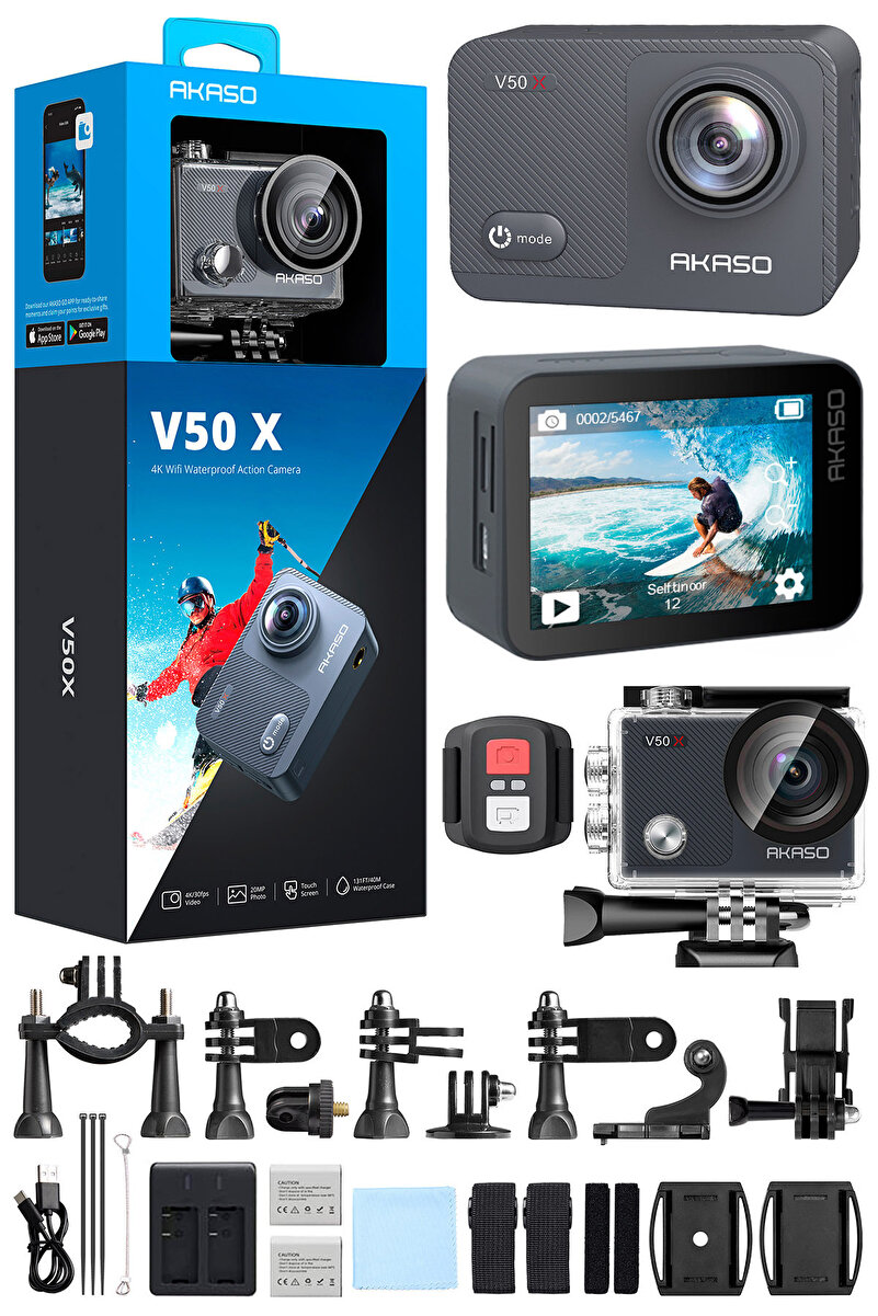 AKASO V50X 4K/30FPS 20MP Wi-Fi Aksiyon Kamera ve Aksesuar Seti, Su Geçirmez Kılıf, App Kontrollü