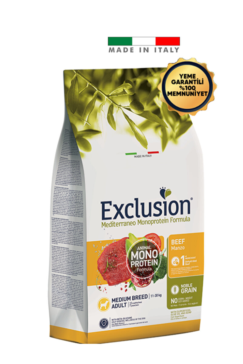 Exclusion Monoprotein Düşük Tahıllı Sığır Etli Ve Narlı Orta Irk Yetişkin Köpek Maması 12 Kg