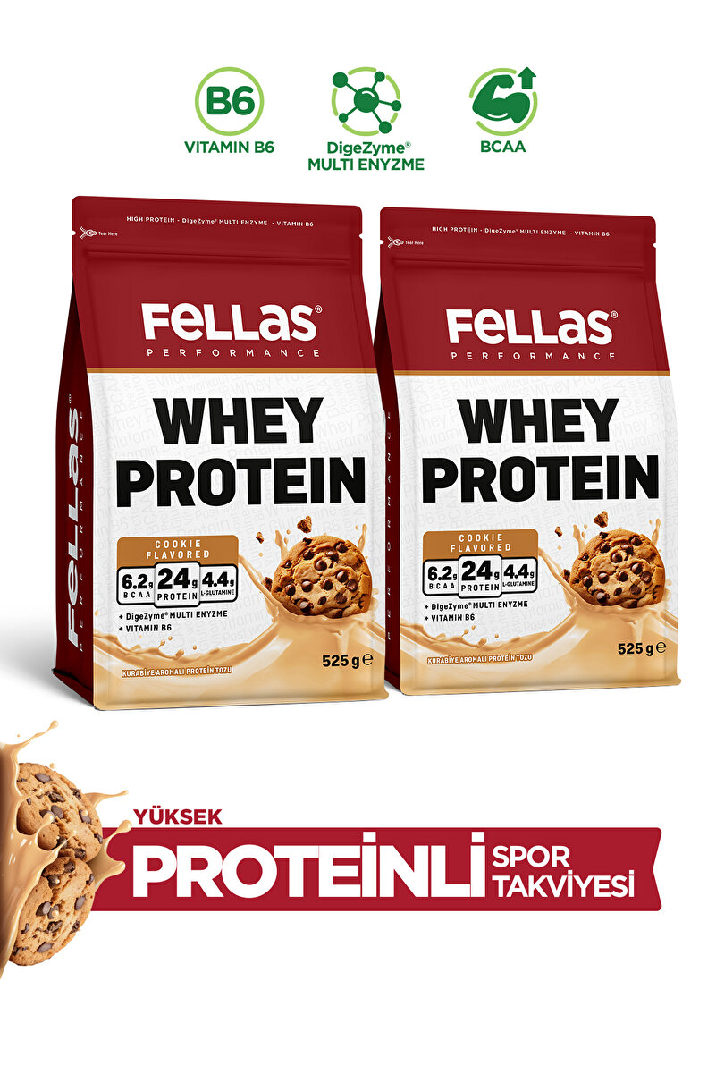 Fellas Whey Protein Tozu|24 g Protein 30 Servis|Kurabiye Aromalı (525 g) x 2