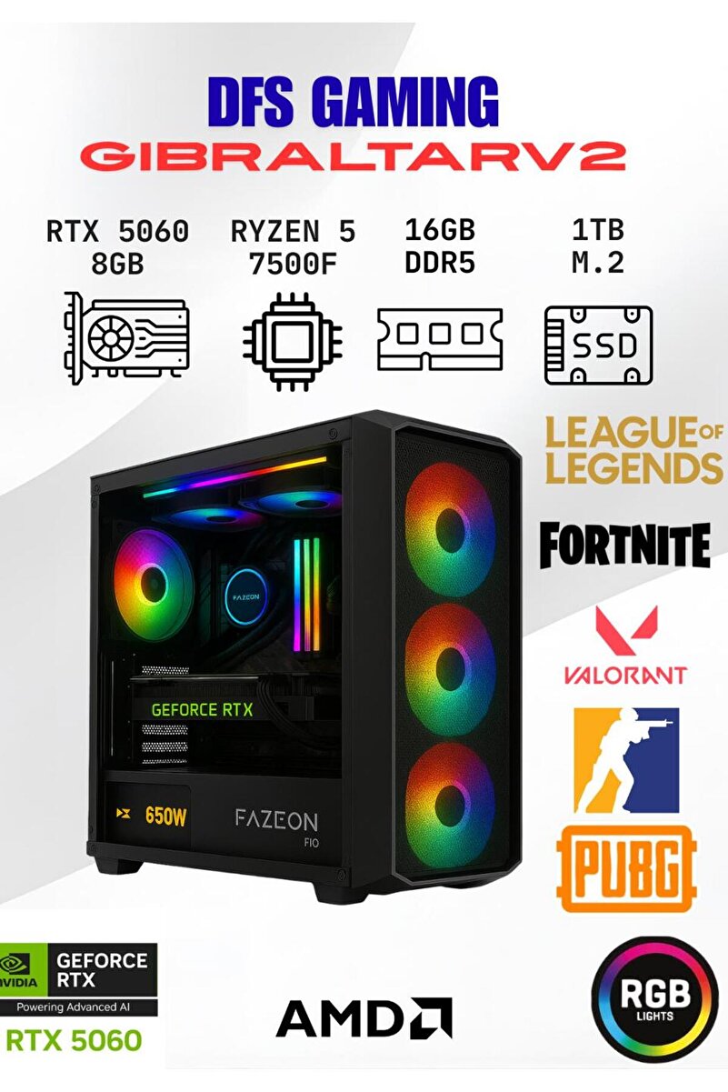 FAZEON DFS Gaming GIBRALTAR2 RYZEN 5 7500F-B650M-RTX 5060 8GB-16GB DDR5 RAM-1TB M.2 SSD-OYUNCU BİLGİSAYARI