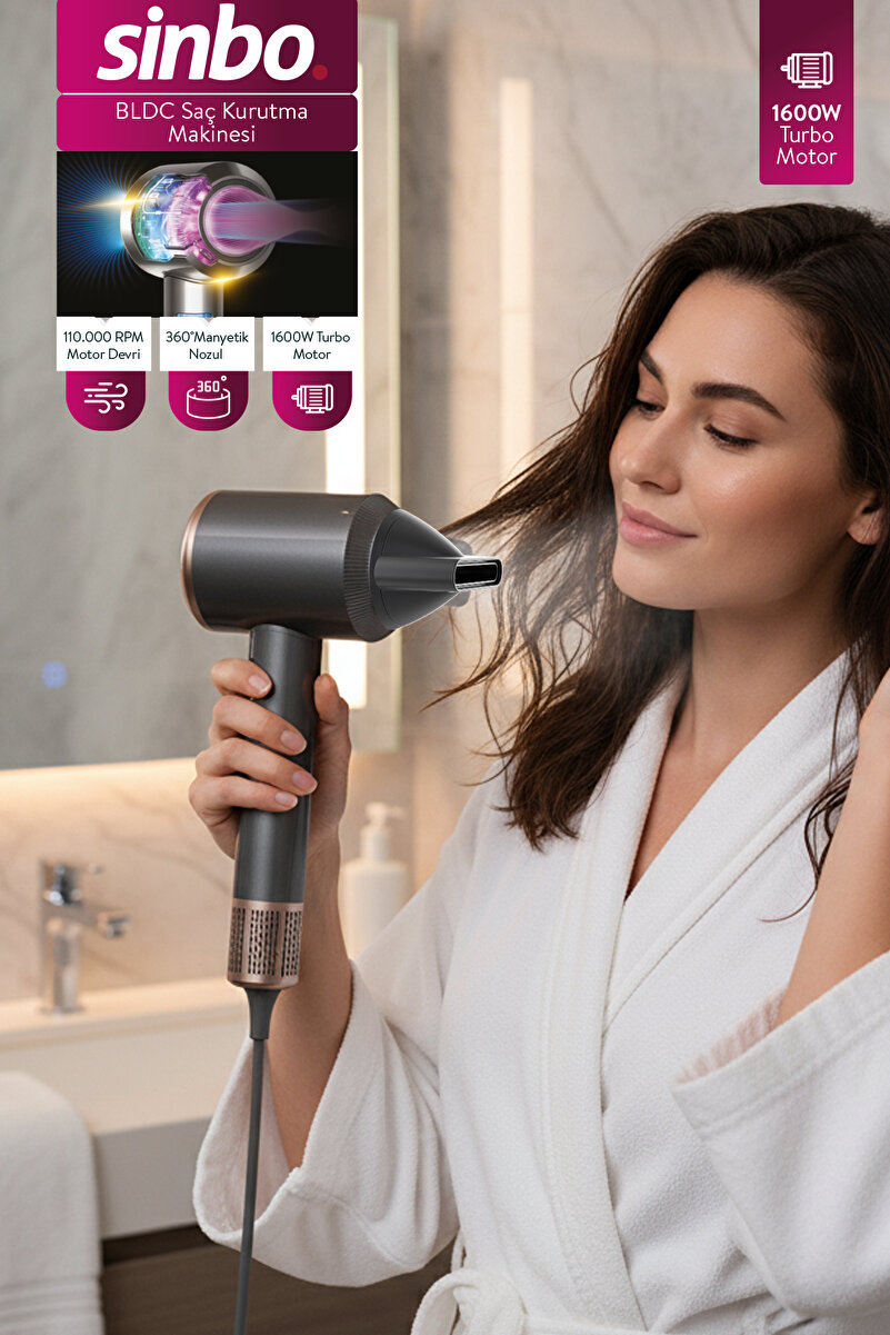 Sinbo SHD 1727 1600W BLDC Saç Kurutma Makinesi Gri – Sessiz ve Hızlı Kurutma