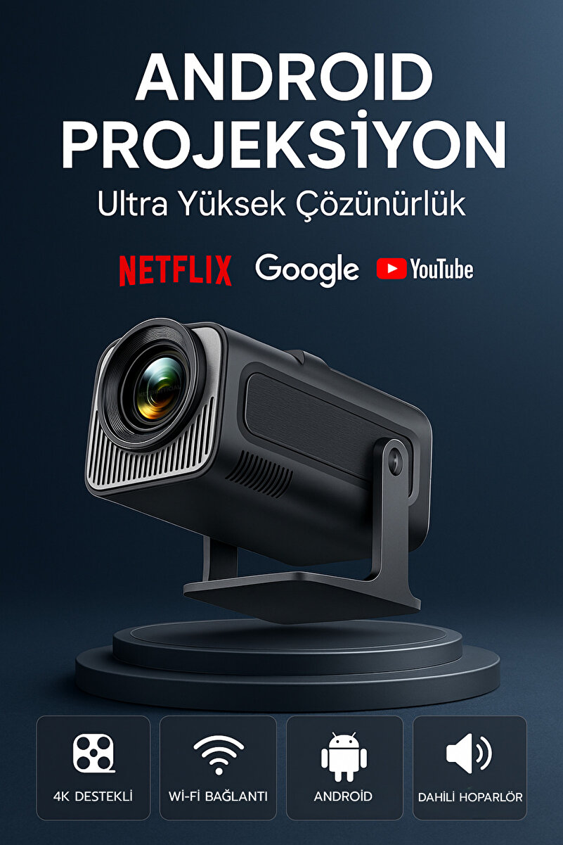 KETENOFFİCİAL Android Taşınabilir Sinema Projeksiyonu Wifi Destekli Siyah Akıllı Projektör