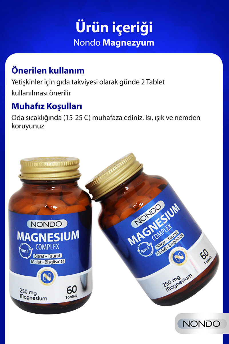Nondo Magnezyum Kompleks 60 Tablet 250 mg 4 Form, Sitrat, Taurat, Malat, Bisglisinat, B6 Vitamini,
