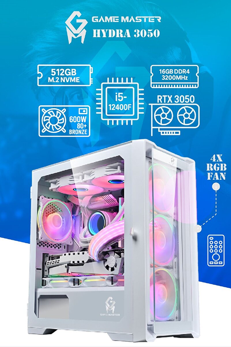 GM Game Master Hydra 3050 İntel i5-12400F CPU 16GB DDR4 RAM 512GB M.2 SSD RTX3050 Beyaz Gaming Pc