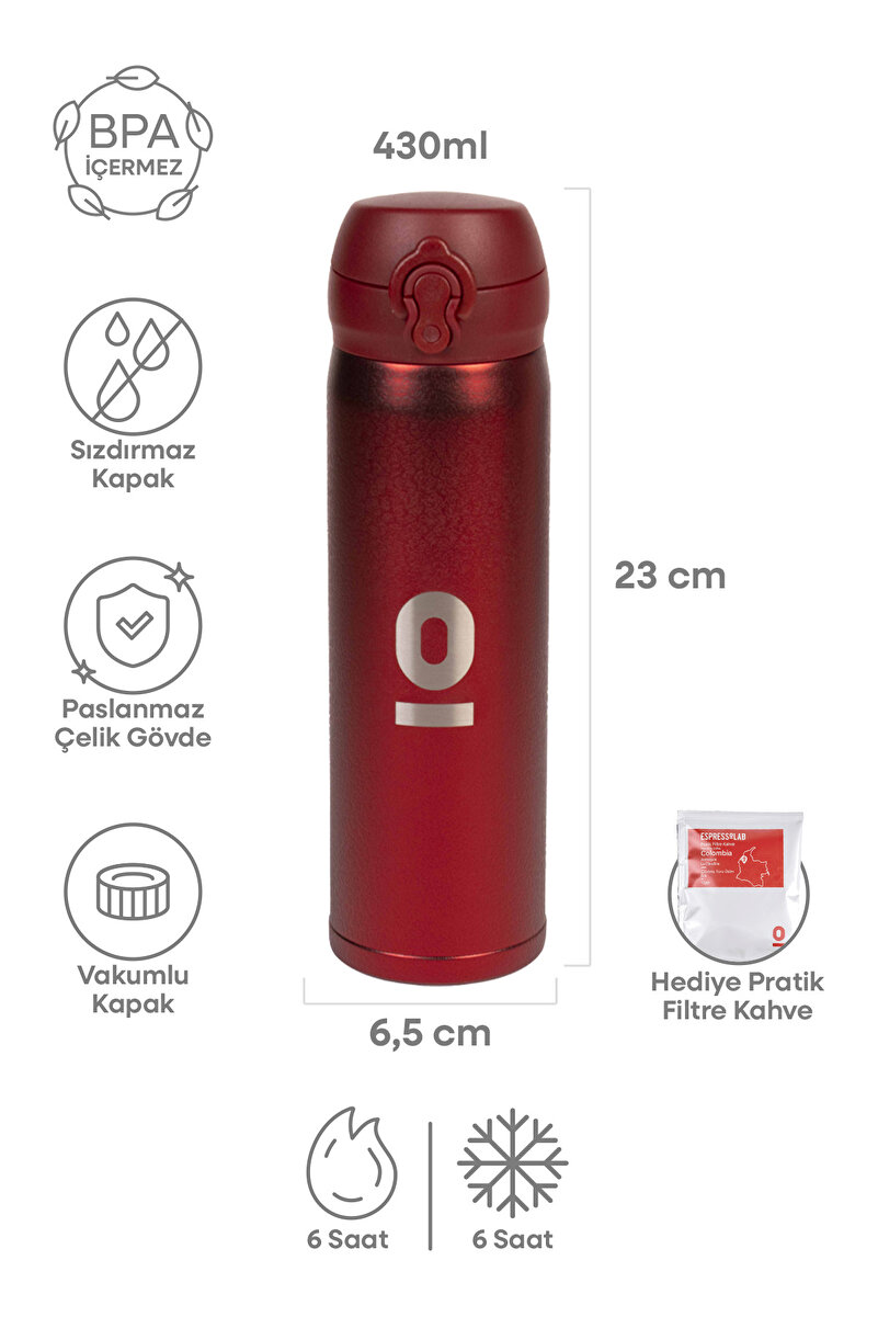 Espressolab Kırmızı Dokulu Paslanmaz Çelik Termos 430 ml Kapaklı No:105
