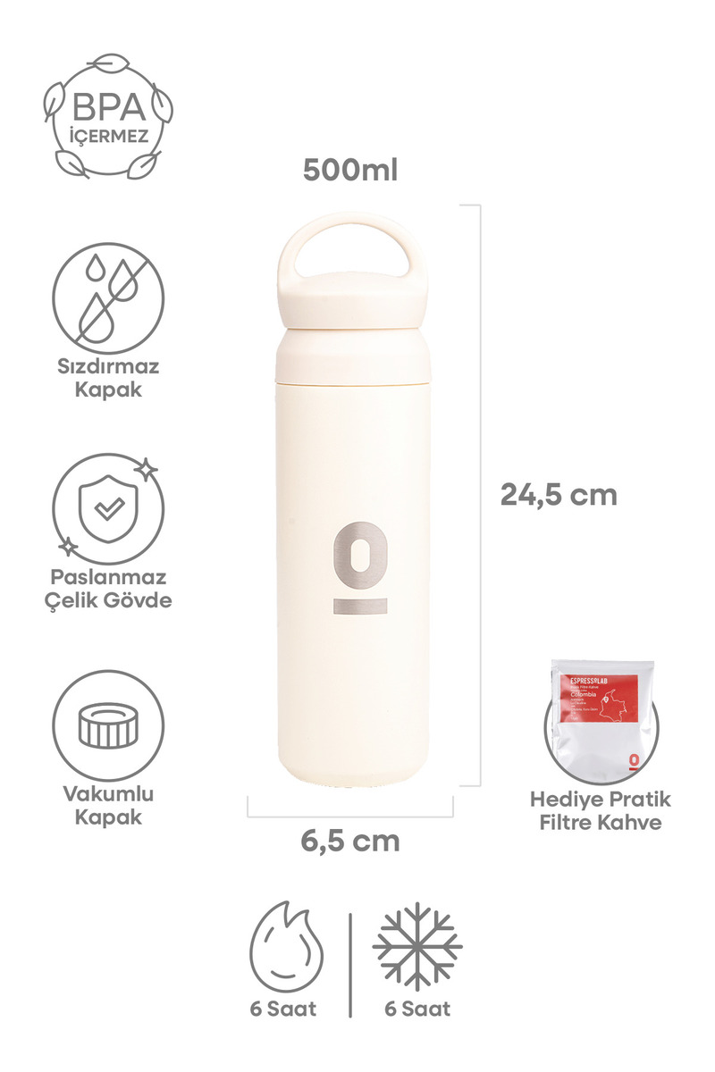 Espressolab Beyaz Tutacaklı Paslanmaz Çelik Termos No:36 – 500 ml Vakumlu Sızdırmaz Termos