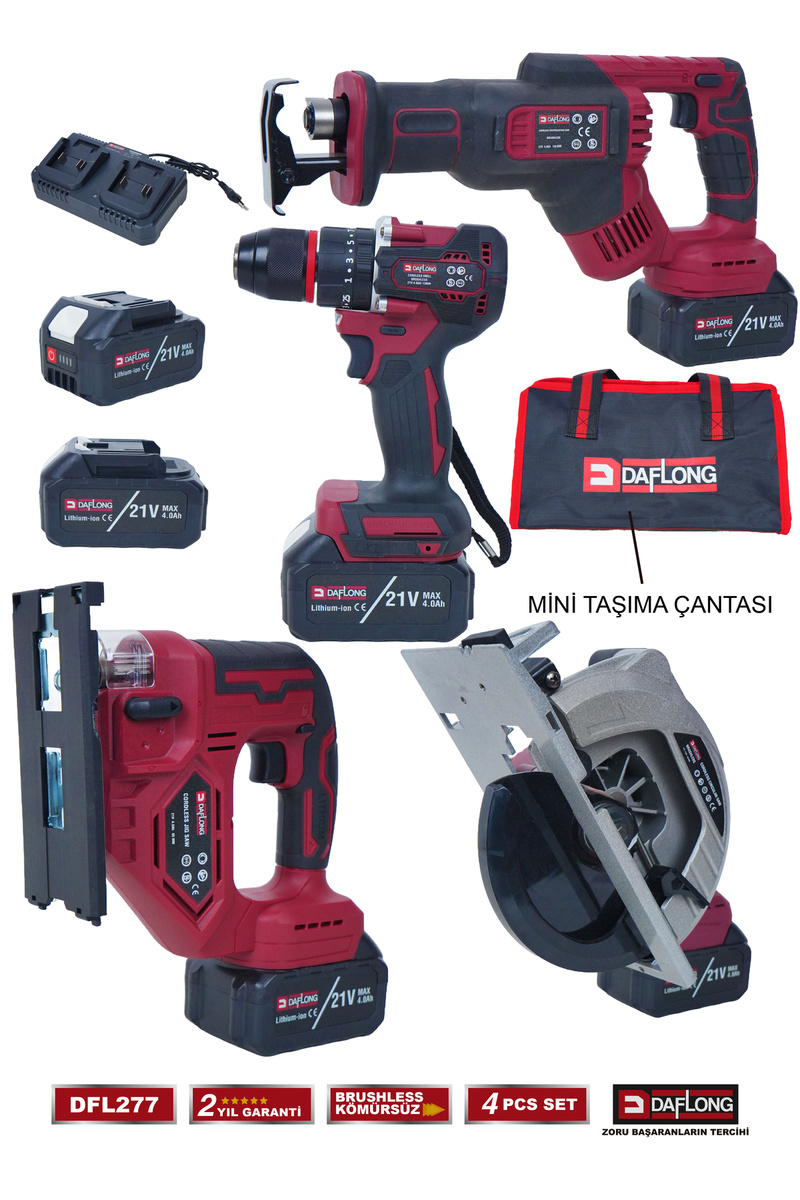 DAFLONG PRO 4'LÜ ATÖLYE İNŞAAT SETİ TİLKİ KUYRUĞU+185MM SUNTA+DEKUPAJ+80NM ŞARJLI MATKAP DFL-277