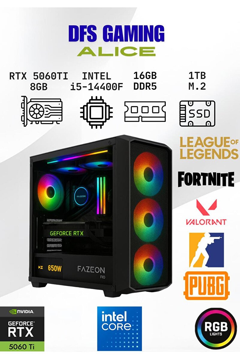 FAZEON DFS Gaming ALICE INTEL i5 14400F-H610M-RTX 5060 TI 8GB-16GB DDR5 RAM-1TB M.2 SSD-OYUNCU BİLGİSAYARI