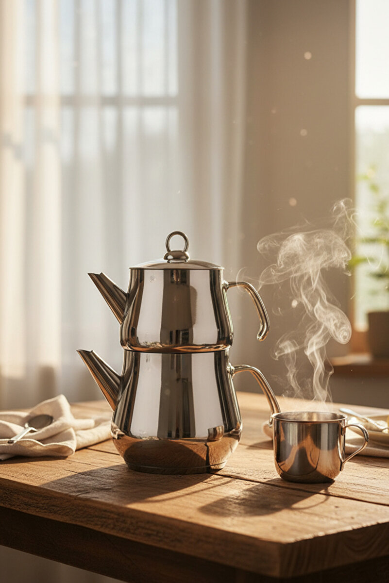YUNUSOĞLU HOME Aletta Büyük Boy Paslanmaz Çelik Çaydanlık Metal Kulp Aile Boy Kullanım 1.6 Litre+2.5 Litre