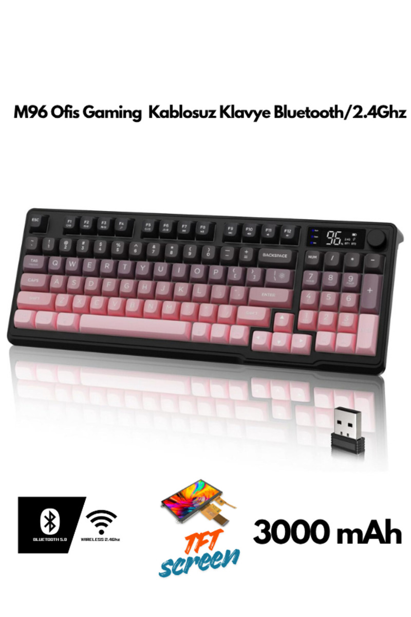 ATAsoft M96 Ofis Klavye Bluetooth/2.4g Kablosuz Oyuncu Klavye Işıklı Usb Type-c Kablolu Şarjlı