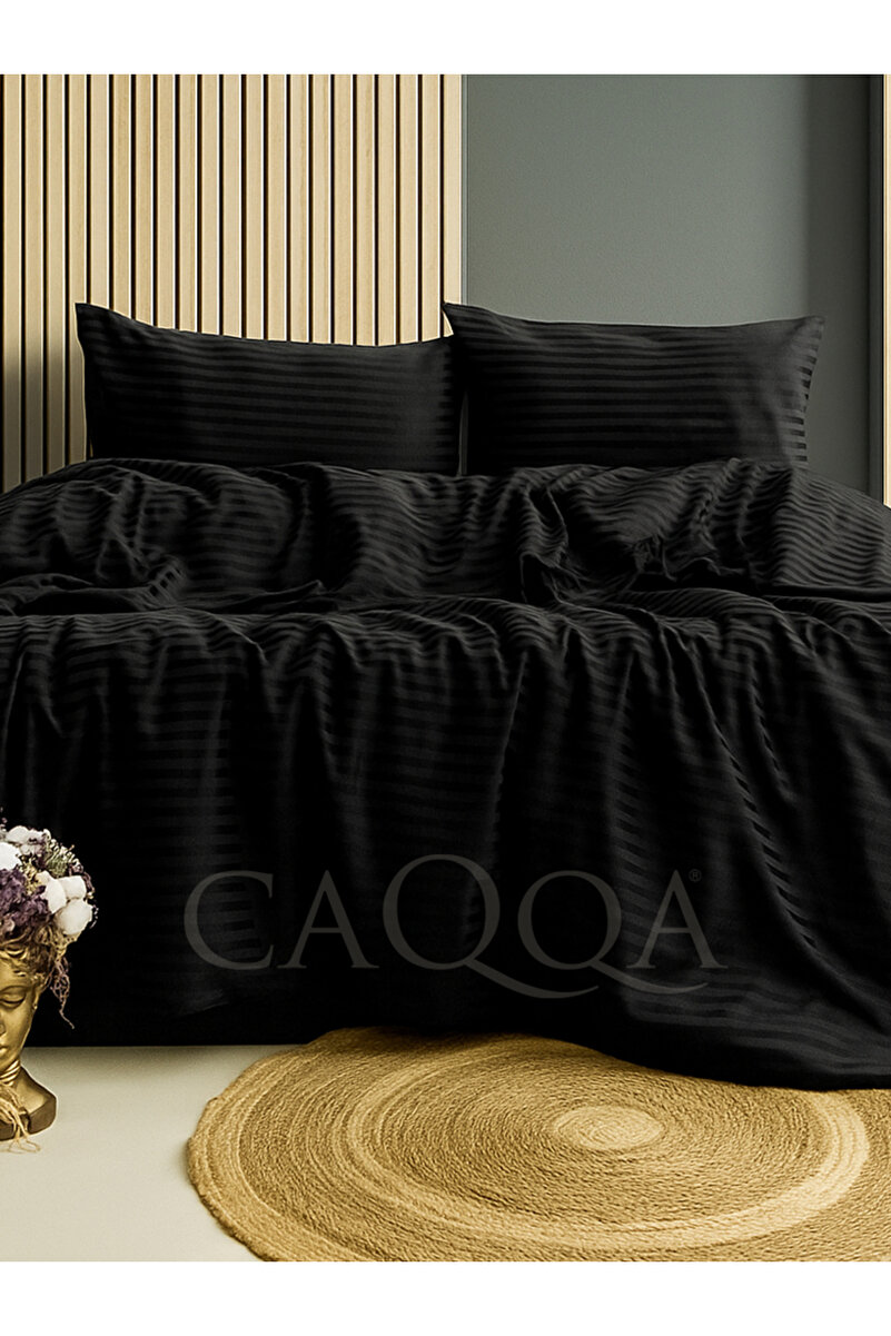 CAQQA Black Series Siyah Çift Kişilik Çizgili Saten Nevresim Takımı
