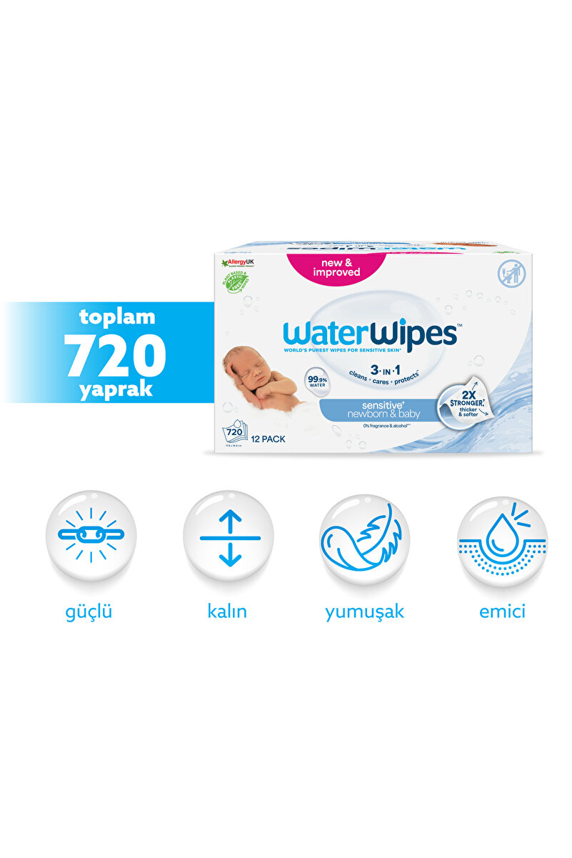WaterWipes Bio Yenidoğan Islak Mendil 12×60 Adet (720 Yaprak) Hassas Prematüre Vegan