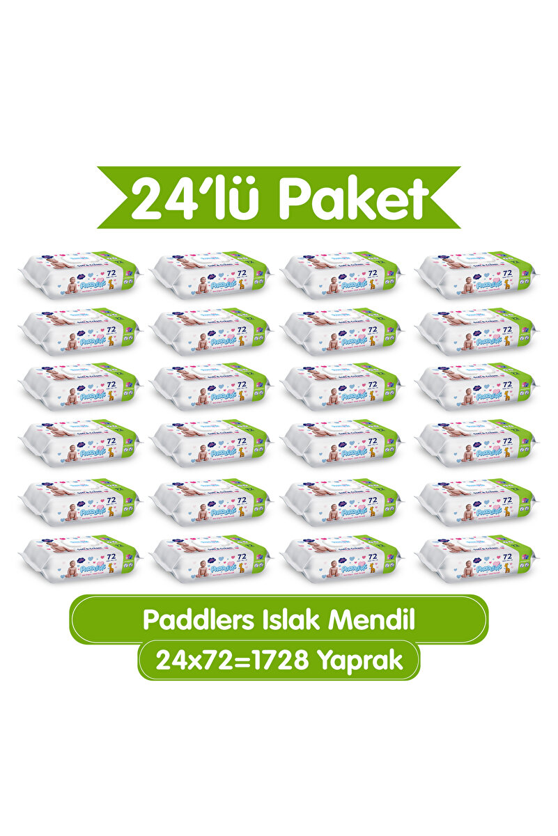 Paddlers Islak Mendil 1728 Yaprak (24 Paket x 72’li) Koli - Yumuşak Dokulu %0 Paraben