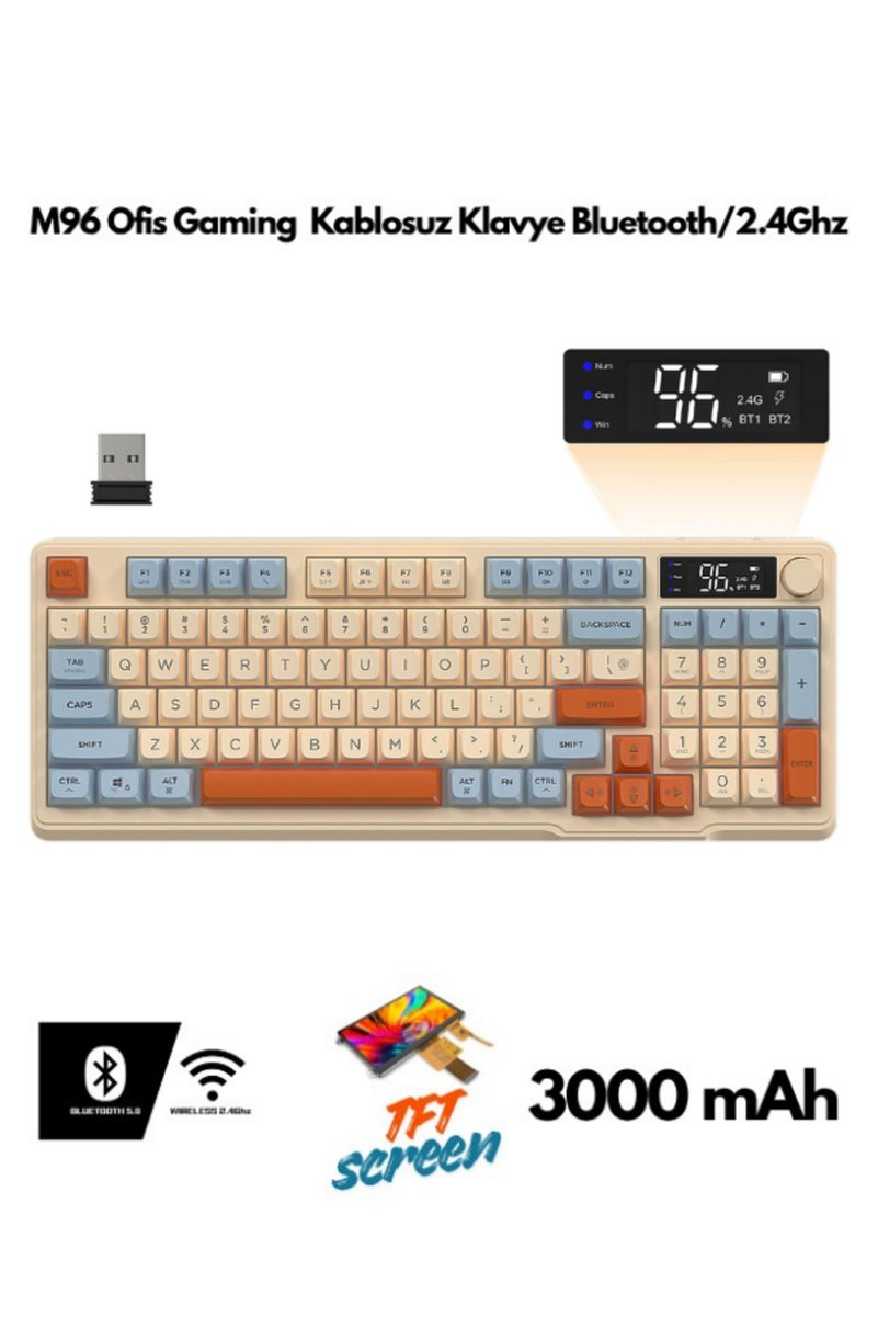 ATAsoft Freewolf M96 Klavye Bluetooth/2.4g Kablosuz Klavye Işıklı Usb Type-c Kablolu Şarj Gösterge Panelli