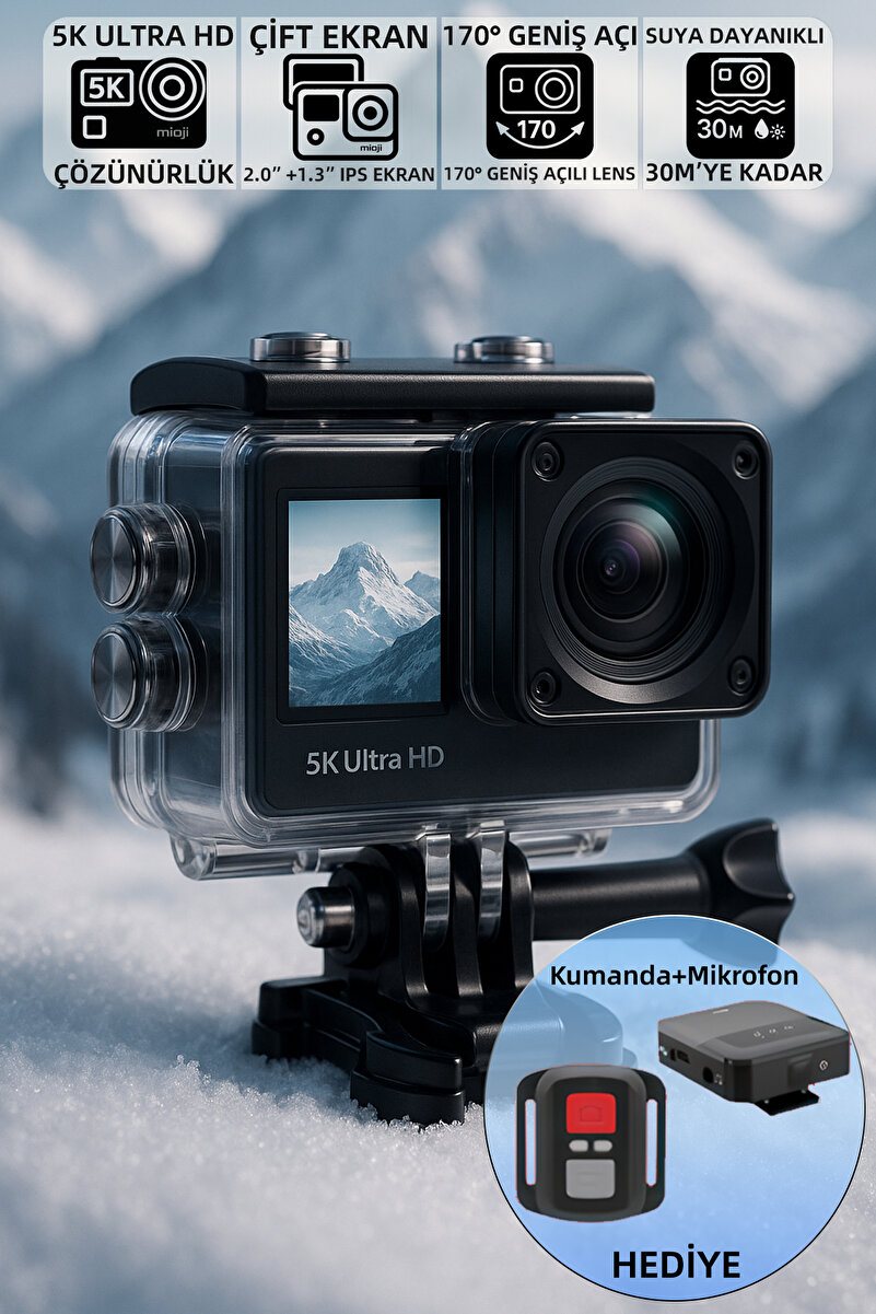 Mioji Action 12 Pro 5K 30FPS 24MP Çift Ekran 170° Aksiyon Kamerası - Kumanda ve Mikrofon Hediyeli