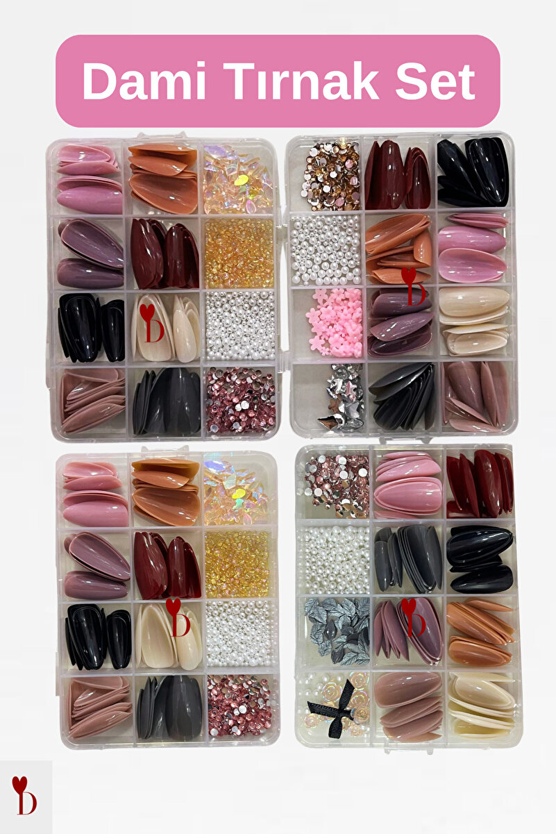 Dami Beauty HÜRNEW 96 Adet Takma Tırnak Seti - 4 Bölmeli Kutulu, Çeşitli Nail Art Taşları ve Süslemeleri