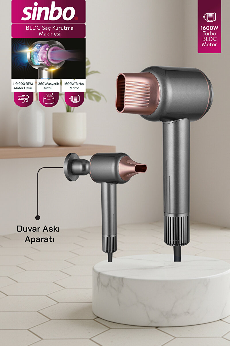 Sinbo SHD-1717 BLDC Saç Kurutma Makinesi - Koyu Gri– 1600W, 3 Isı Ayarı, Manyetik Nozul
