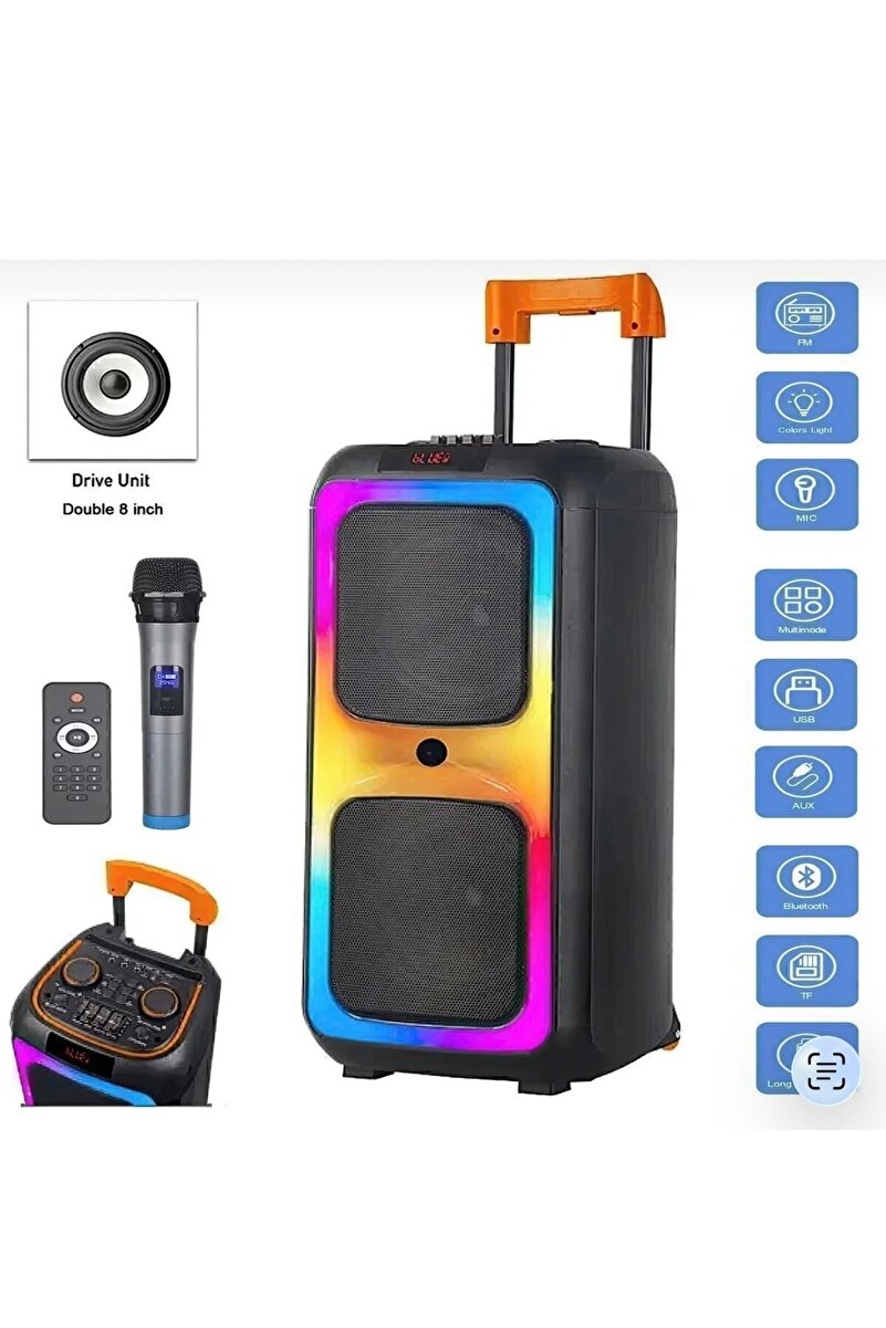 Dynego Bluetooth Hoparlör Ultra Güçlü Kaliteli Profesyonel Taşınabilir Renkli Işıklı RGB Işık Led Fm Sd/TF