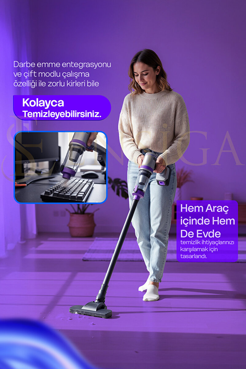 EN SİGA Dikey Ev ve Araç İçi Süpürge LCD Ekranlı 18.000 Pa Max Emiş Güçlü Kablosuz Şarjlı