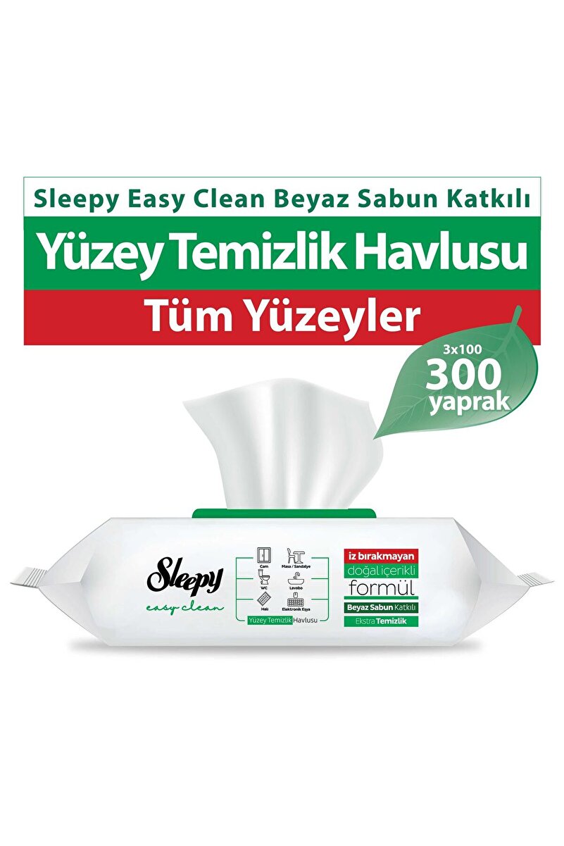 Sleepy Promosyon Paketi 3'lü Islak Mendil, Karbonat ve Sirke, 300 Adet, Kolay Temizlenen Beyaz Sabun
