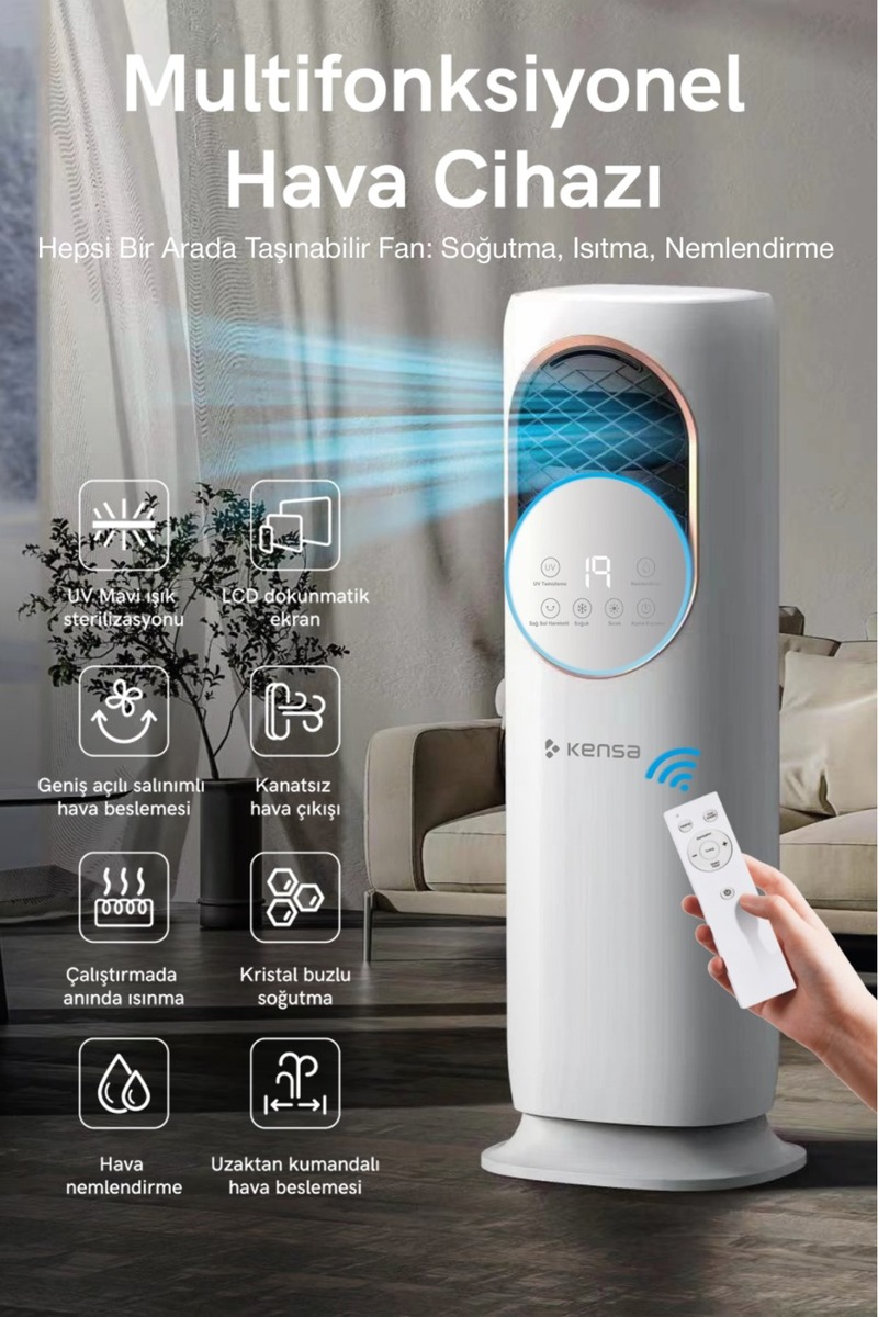 Kensa Uzaktan Kumandalı Sıcak Soğuk Akıllı Klima Fanı – 2000W Isıtma, 60W Soğutma, UV Sterilizasyon, 4-5L