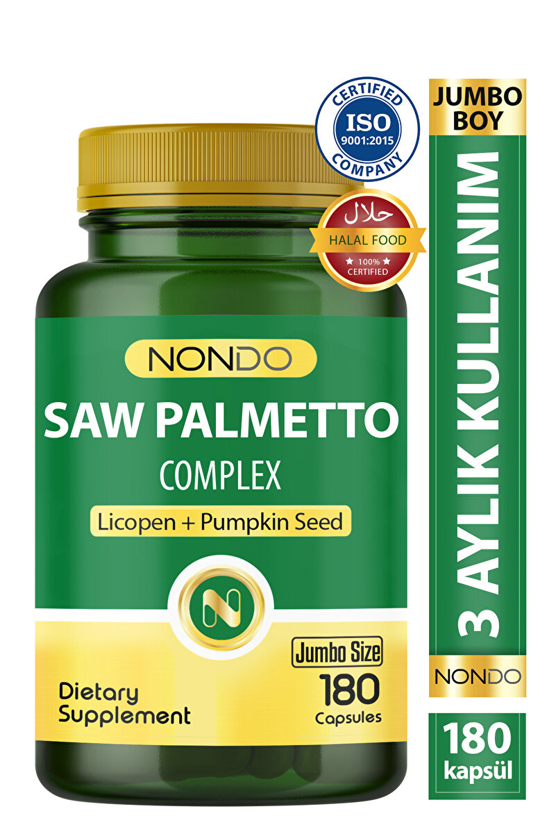 Nondo Saw Palmetto Complex 180 Kapsül jumbo Boy Saç Vitamini -Cüçe Palmiye Likopen Çinko Isırgan Otu