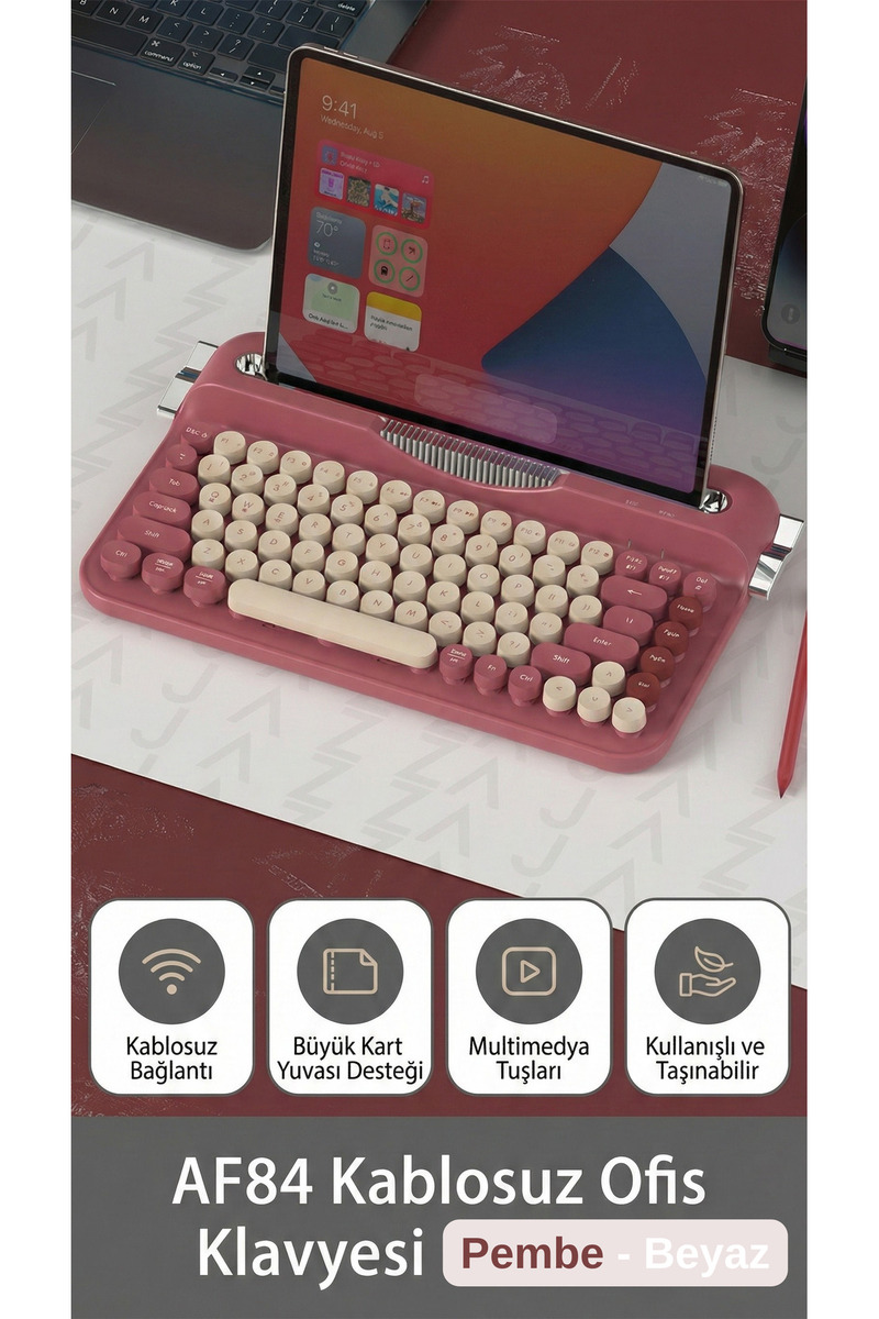 Ajazz AF-84 Daktilo Tarzı Kablosuz Klavye-Sessiz Tuş Yapısı-Çift Modlu Bağlantı- IOS/ANDROID Uyumlu