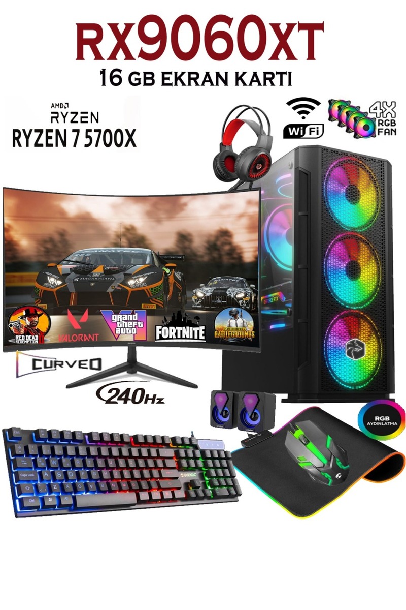 Apphirex TCX94 Ryzen 7 5700X 32GB 1TB M2 SSD RX9060XT 16GB 24'' 240Hz Masaüstü Bilgisayar Hazır Sistem
