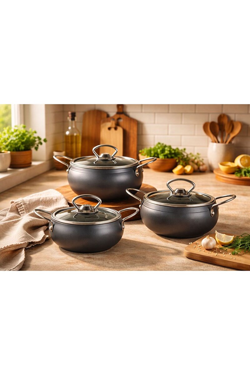 OMS 3554 - 6 Parça, Bio Granit, Sağlıklı, Mini Küre Mama, Çorba Tencere Seti Antrasit Renk