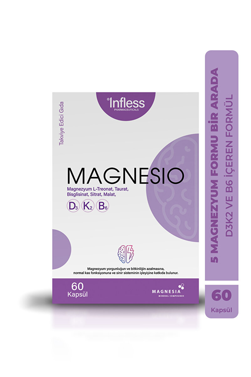 Infless Magnesio (Taurat, Bisglisinat, Malat, Sitrat, L-Treonat) 60 Kapsül B6 İçeren Magnezyum Kompleks
