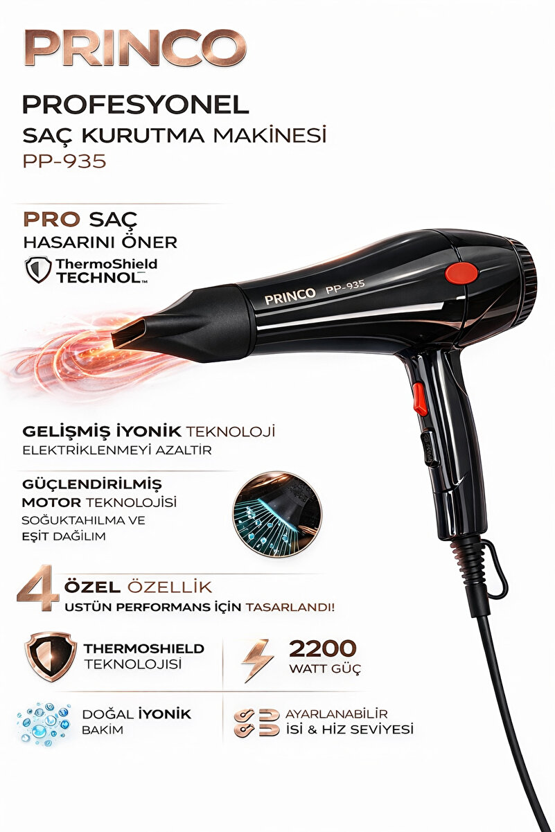 Princo Profesyonel Saç Kurutma Makinesi ThermoShield Teknoloji,İyonik Yüksek Güçlü Fön Makinesi Pr-935