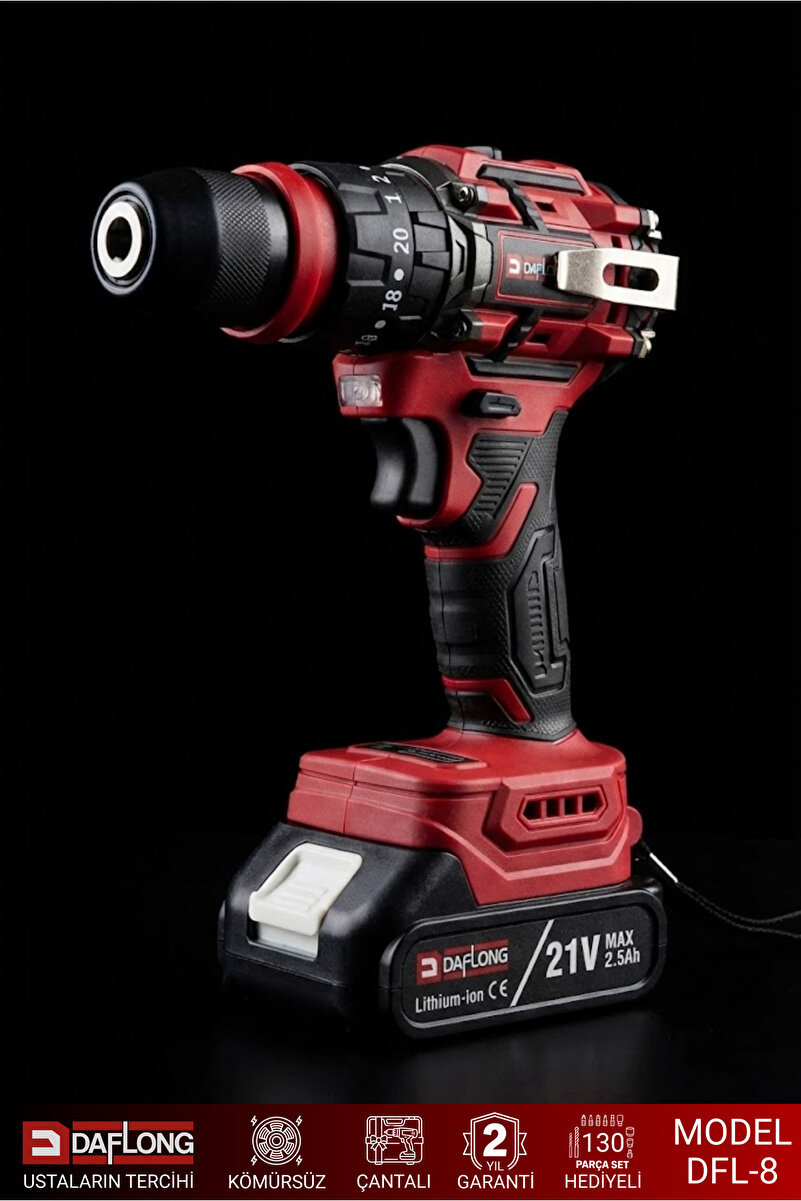 DAFLONG 21V 130 PARÇA ÇELİK MANDREN KÖMÜRSÜZ ASKILI ŞARJLI DARBELİ MATKAP+YEDEK ÇELİK MANDREN DFL-8