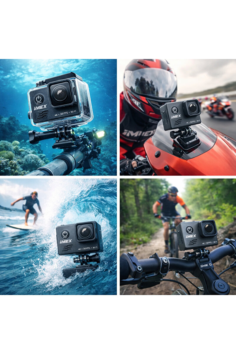 IMEX Aksiyon Kamerası – 4K 30fps – Wi-Fi – 30m Su Geçirmez – SD Kart – Type-C – 2” LCD – 170° Geniş Aç
