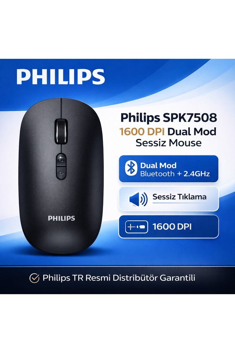 Philips SPK7508 Kablosuz 1600DPI 6 Tuşlu Dual Mod Optik Mouse Siyah