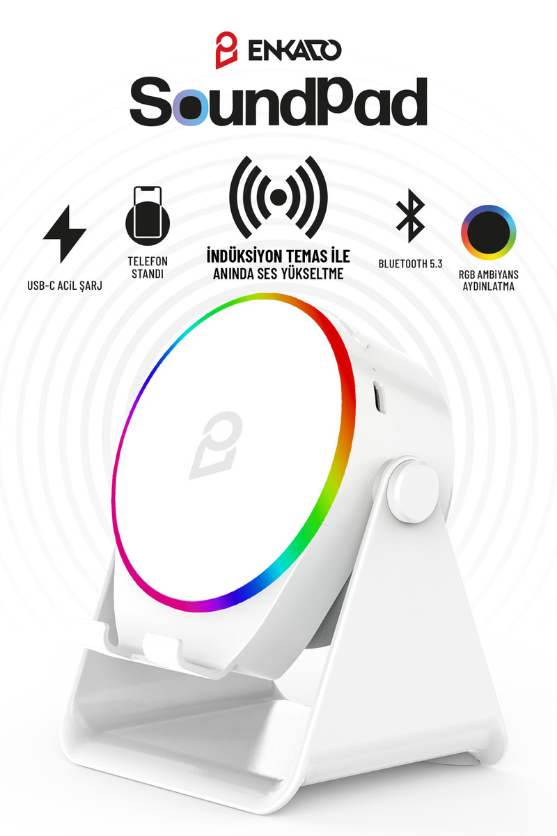 Enkado S11 5W Bluetooth + Temasla Ses Yükselten İndüksiyon Hoparlör 2000 Mah RGB Işıklı Standlı 5in Speaker