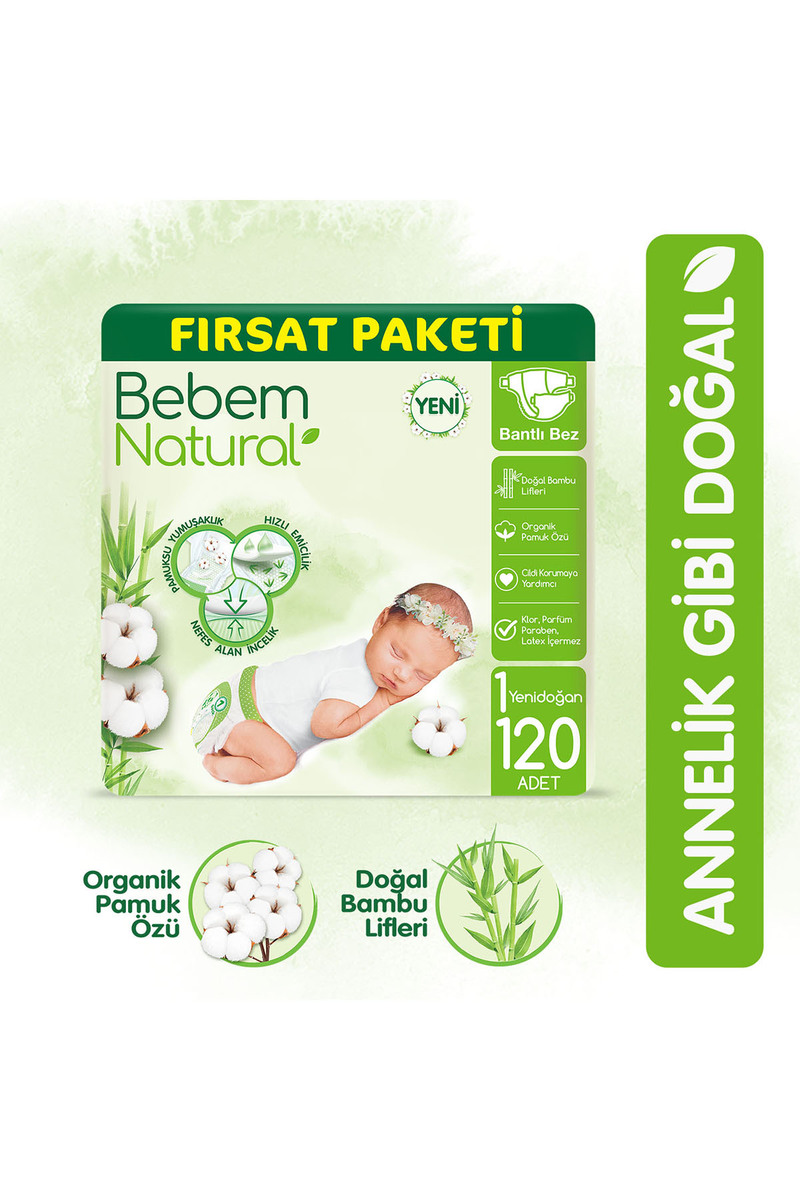 Bebem Natural Bebek Bezi 1 Beden Yenidoğan Fırsat Paketi 120 Adet