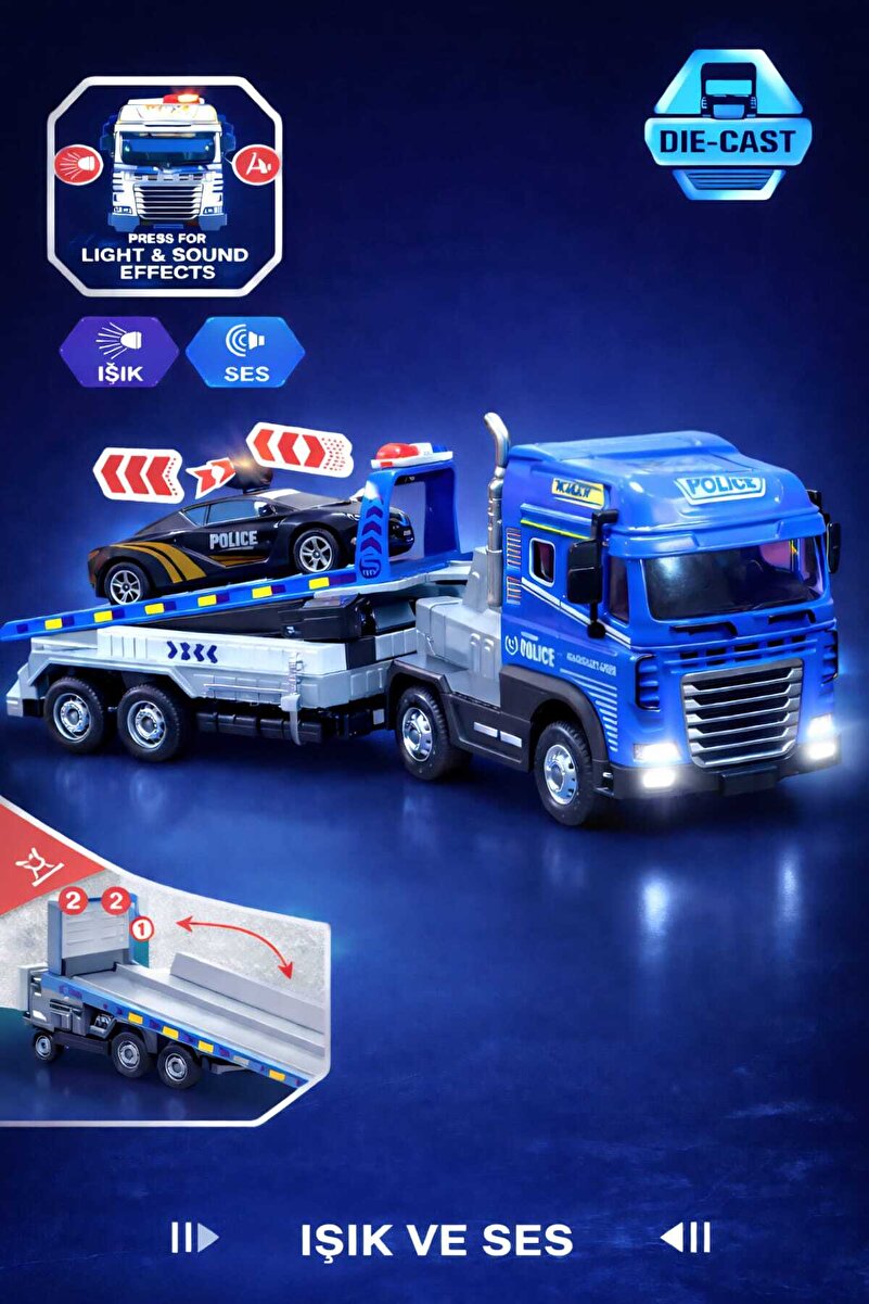 Fidan oyuncak Işıklı ve Sesli Metal Polis Taşıma Tırı + Polis Araba Seti (Rampalı) – 30 cm