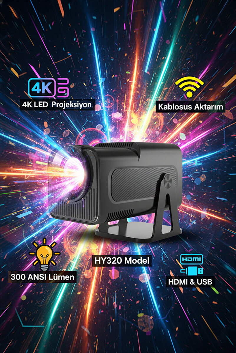 Tekvora 4K LED Akıllı Projeksiyon | 300 ANSI Lümen | Kablosuz Aktarım | HDMI & USB | HY320
