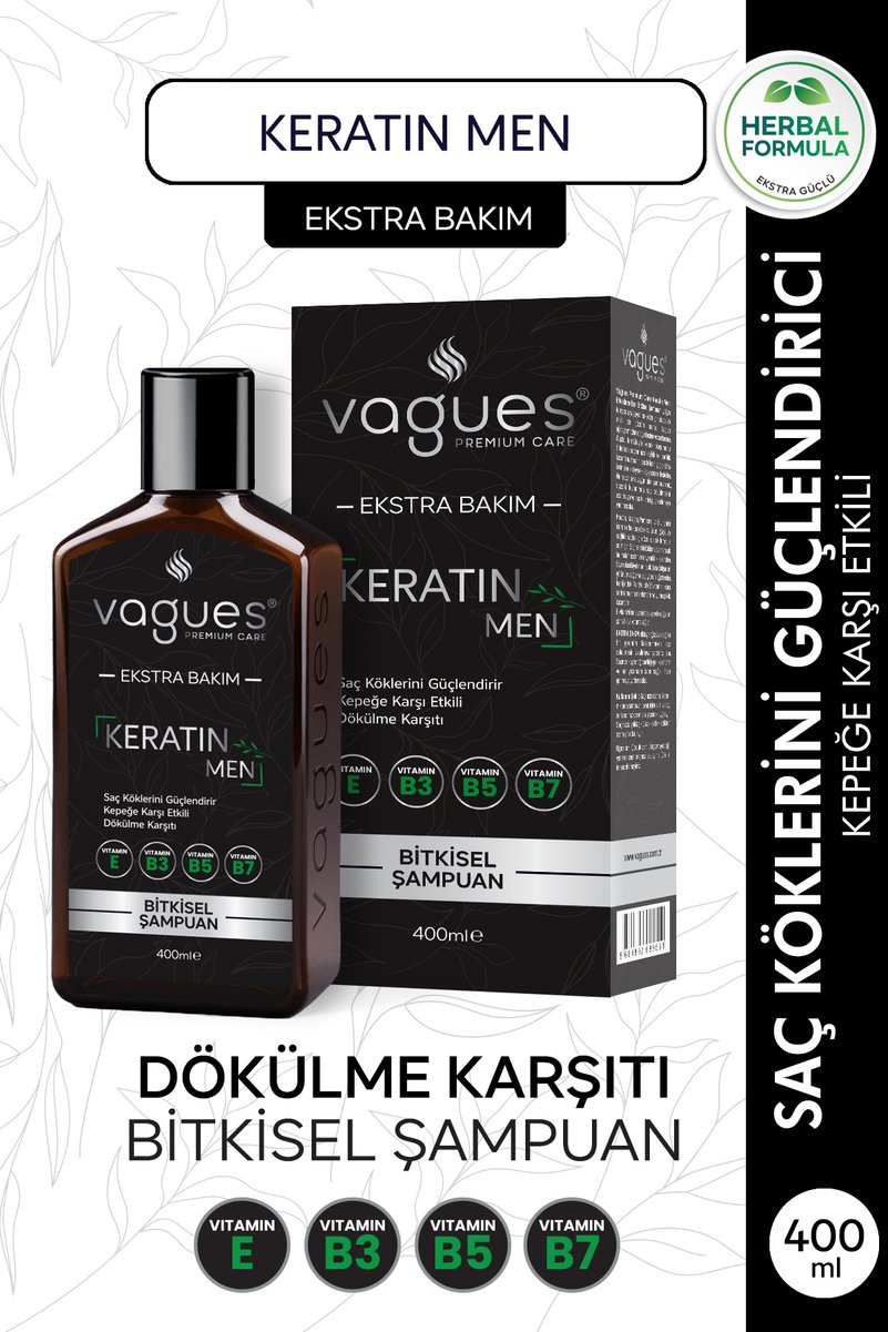 Vagues Premium Care Keratin Men Erkeklere Özel Kepek Karşıtı, Dökülme Karşıtı Hızlı Uzama Etkili Bitkisel Şampuan