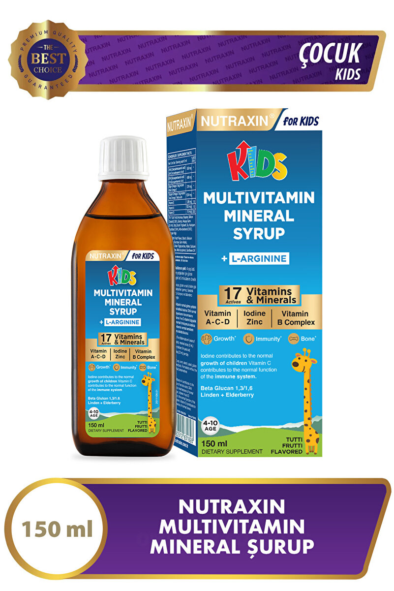 Nutraxin Multivitamin & Mineral Şurup 150 Ml - L-Arginin, Çinko, A,C,D,B Kompleks, Beta Glukan, Kara