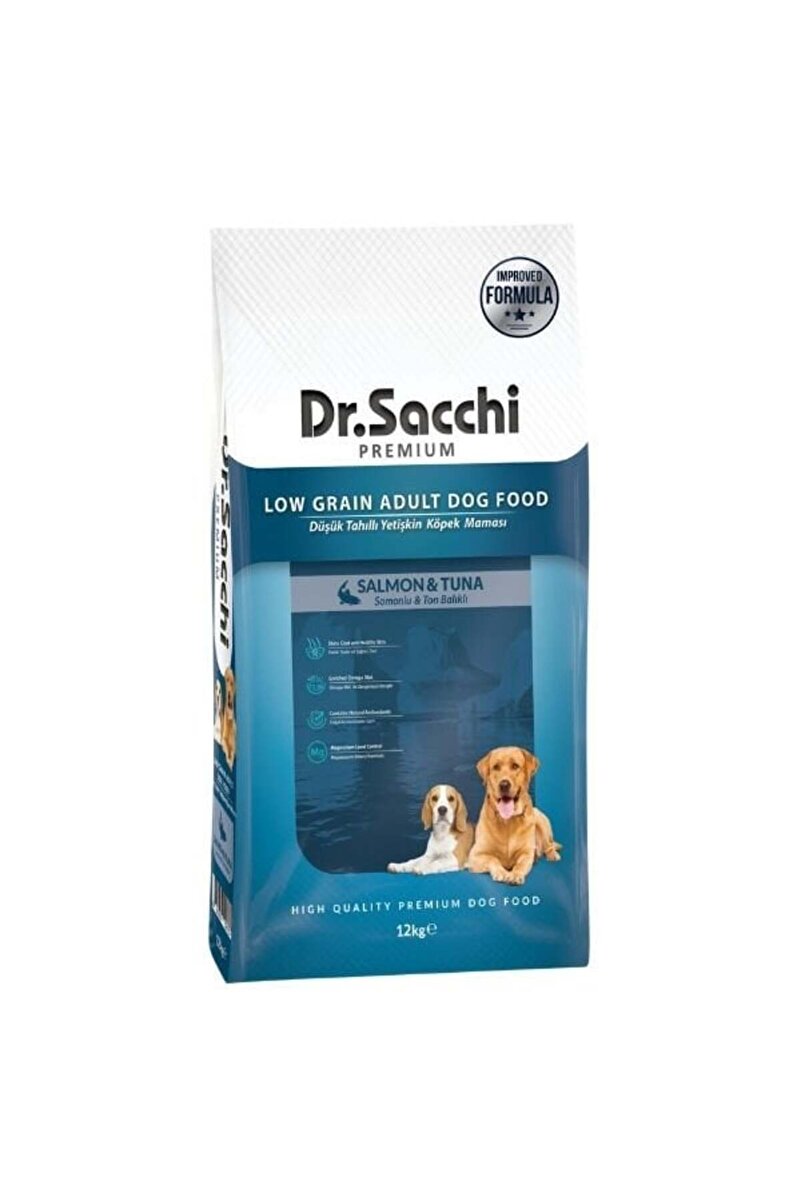 Dr. Sacchi Dr.Sacchi Premium Somonlu ve Ton Balıklı Düşük Tahıllı Yetişkin Köpek Maması 12 Kg