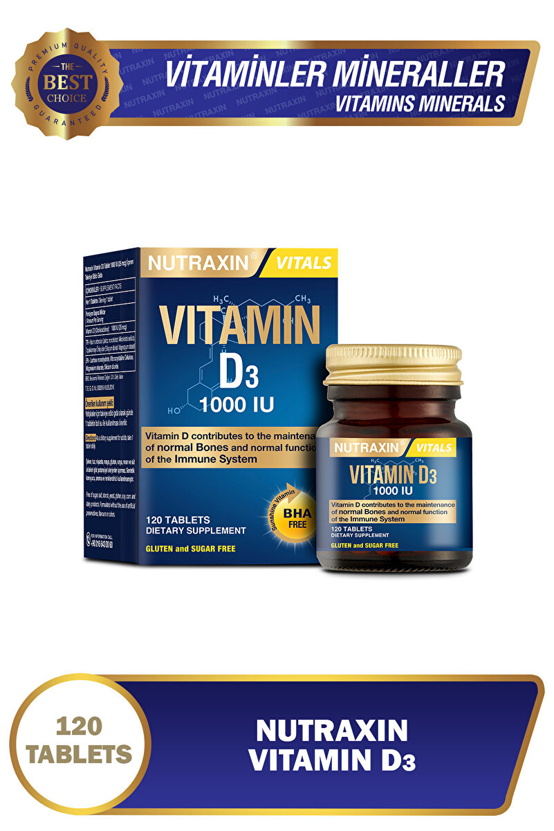Nutraxin Vitamin D3 1000 IU 120 Tablet | Kolekalsiferol Formu | Kemik, Bağışıklık ve Kas Fonksiyonu Desteği