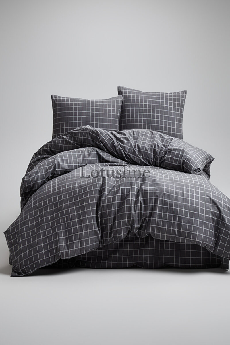 Lotusline Home Minikaro Füme Tek Kişilik Pamuklu Nevresim Seti Çift Taraflı