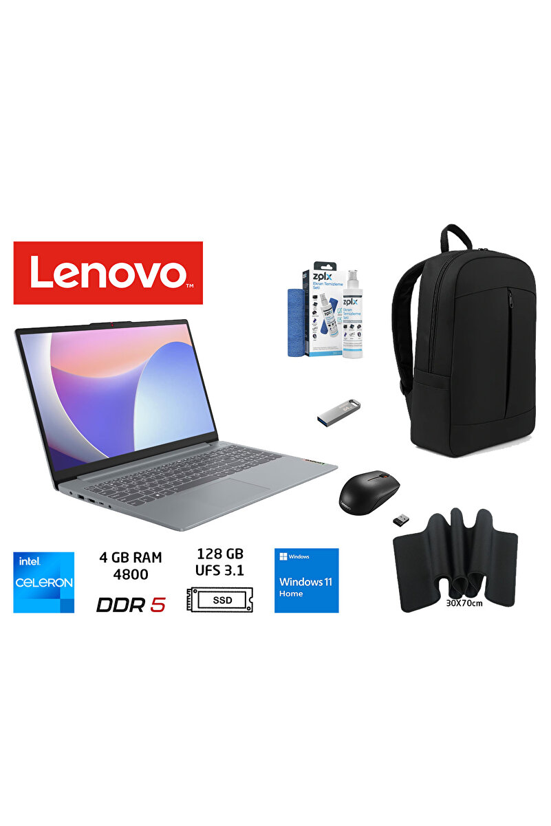 LENOVO Ideapad Slim 3 Intel Celeron N100 4GB 128GB W11H 15.6 FHD Çanta+Mouse+MousePad