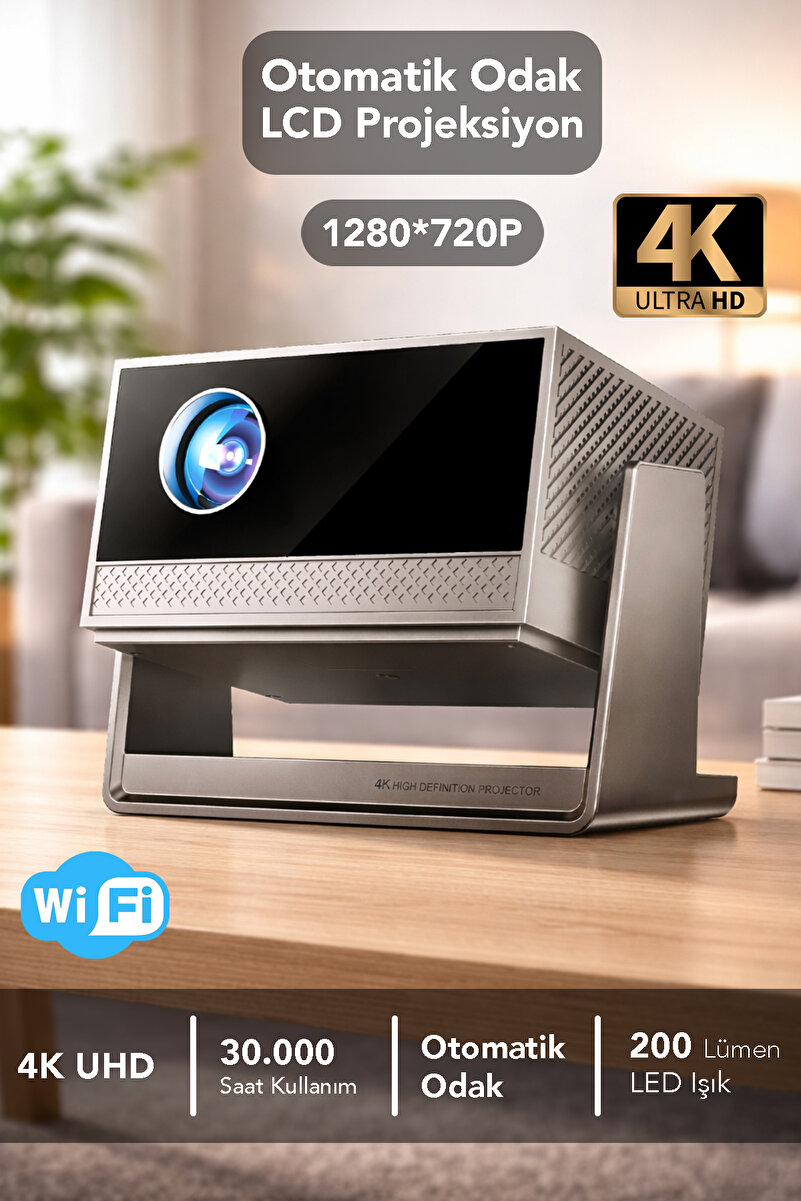 mimtec Otomatik Odaklı Projeksiyon - Taşınabilir 4K UHD Android Wifi Destekli Ev Sineması Projektör