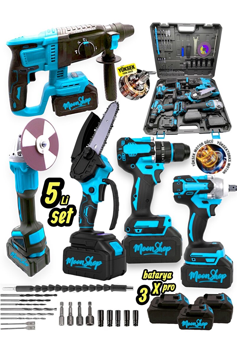 MOONSHOP Profesyonel 2-26 Hilti 125mm Taşlama 13mm Matkap 650nm Testere Dal Budama Şarjlı Darbeli 5'li Set