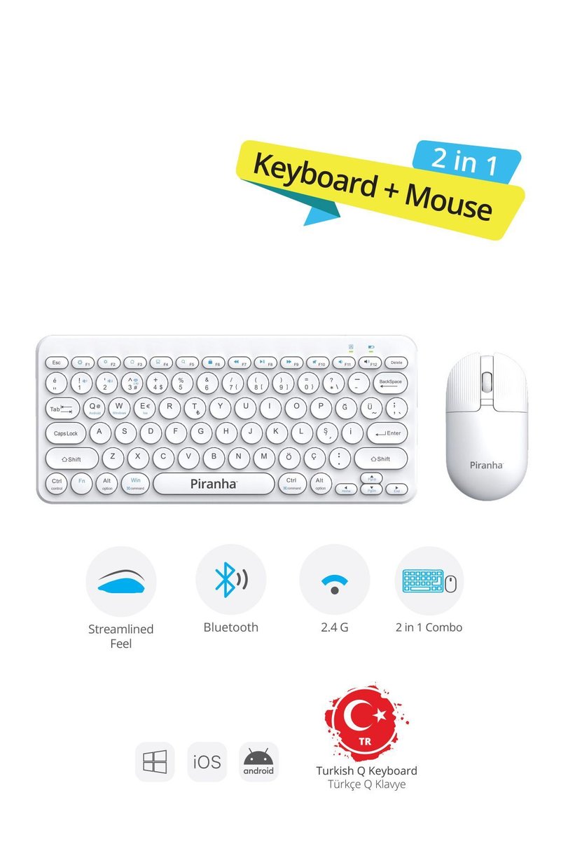 Piranha 2382‑B Kablosuz Türkçe Q Klavye & Mouse Seti | Bluetooth & 2.4G | Windows / macOS / Android