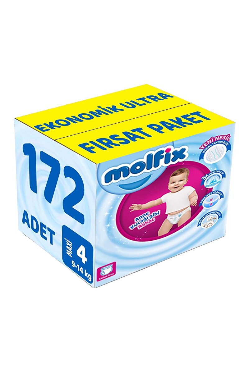 Molfix Külot Bebek Bezi Beden:4 (9-14Kg) Maxi 172 Adet Ekonomik Ultra Fırsat Pk